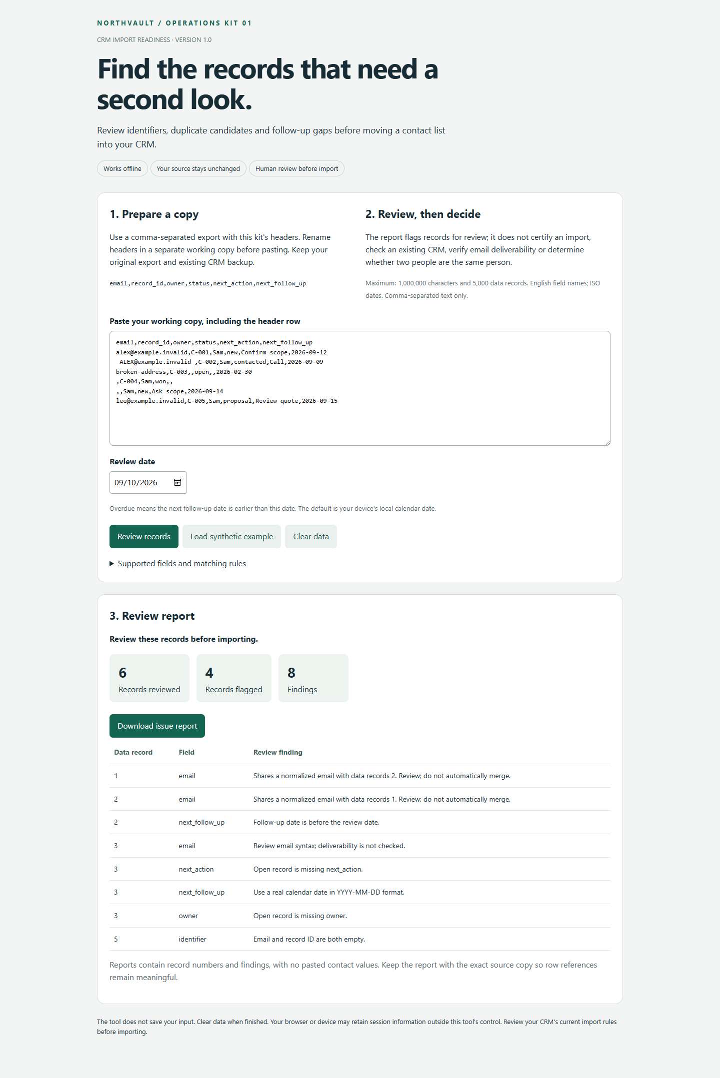 Synthetic preview of the CRM Import Readiness review report